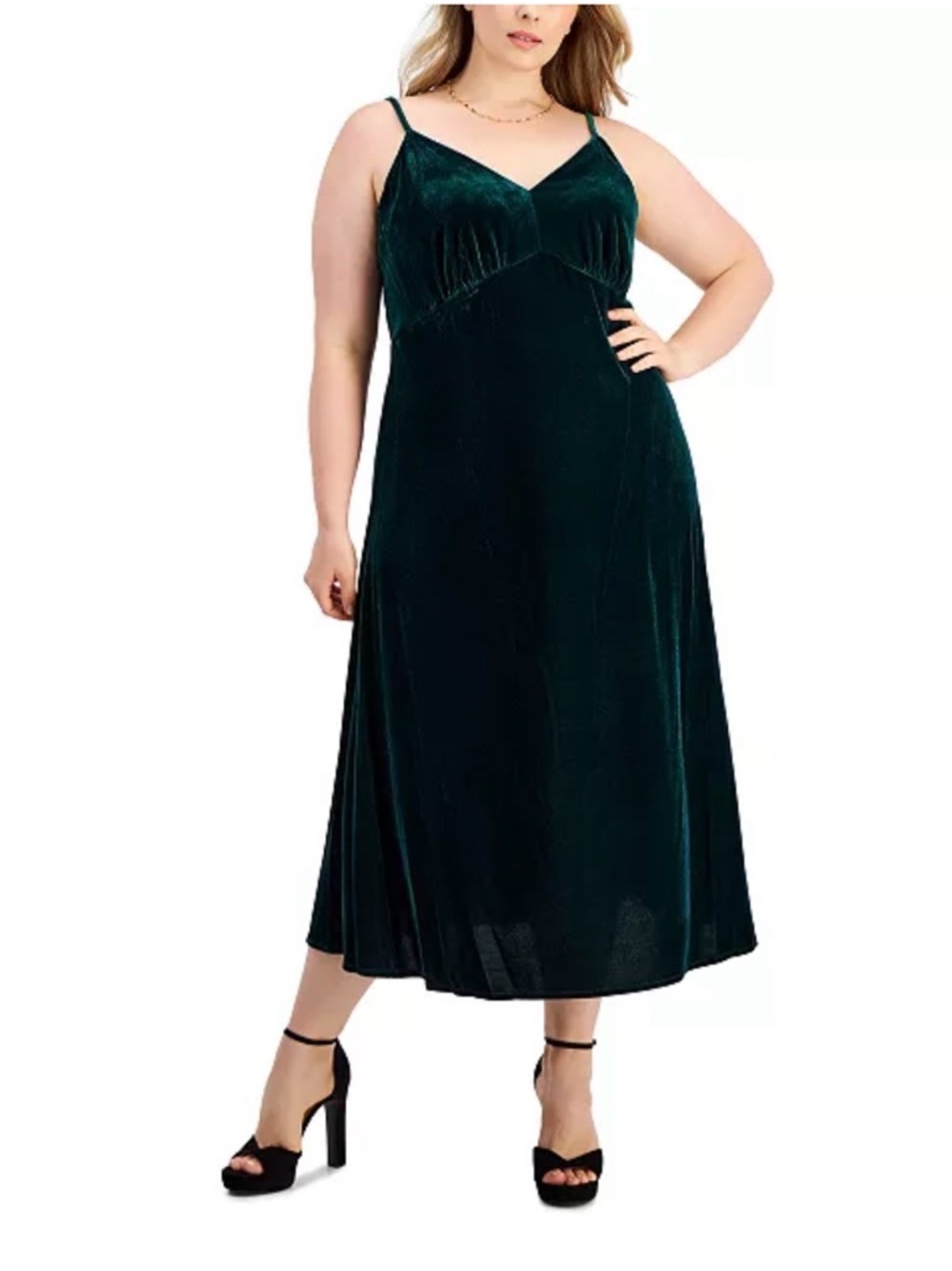 Taylor Emerald Green Velvet Midi Dress 18W Spaghetti Strap A-Line